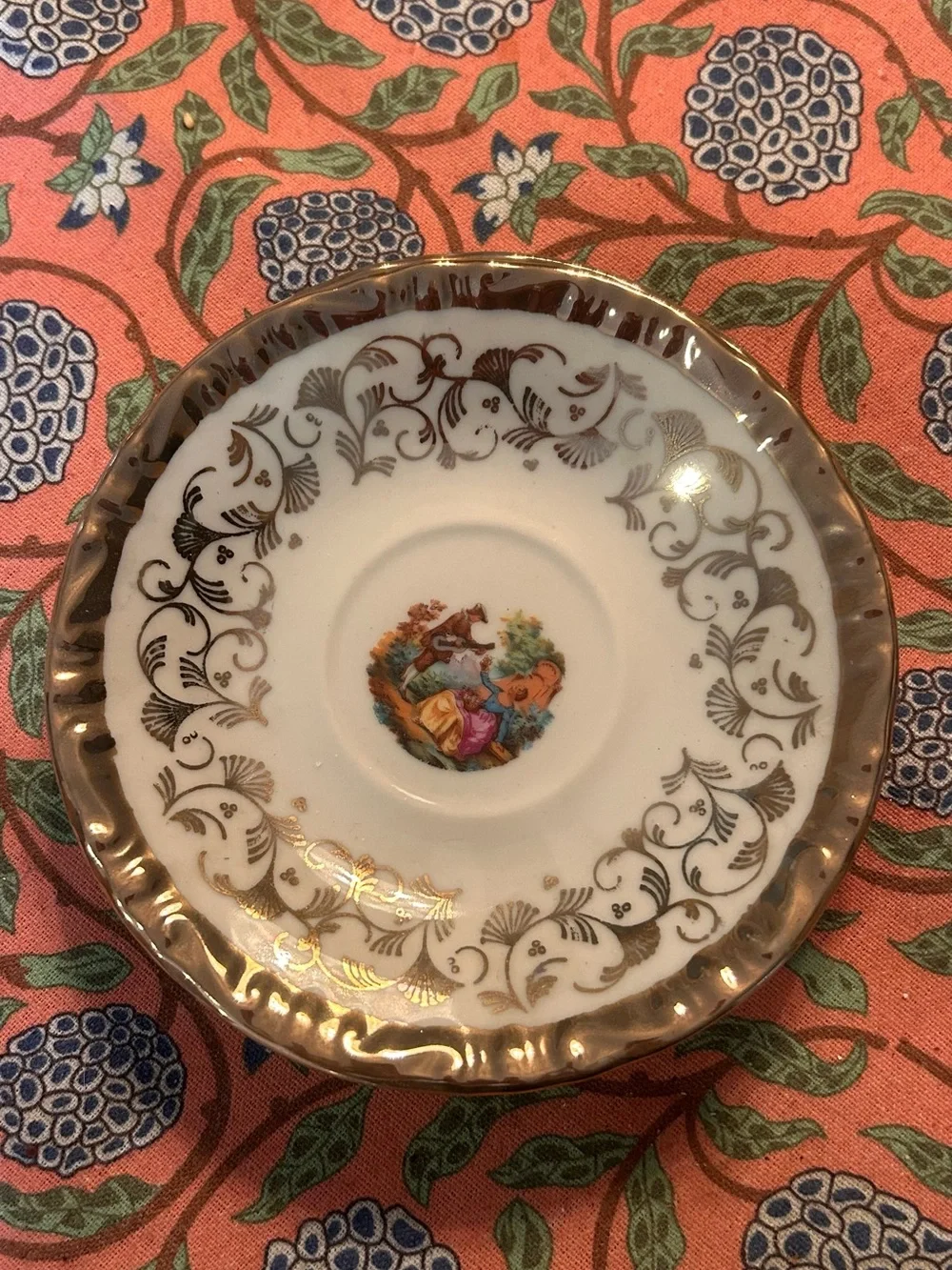 Vintage courting couple porcelain saucers set of 2 god filigree fragonard style